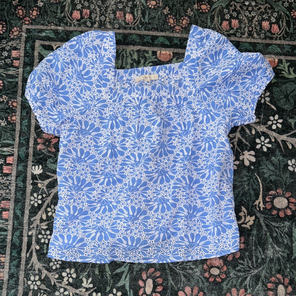 LOFT Eyelet Square Neck Blue White Floral Top